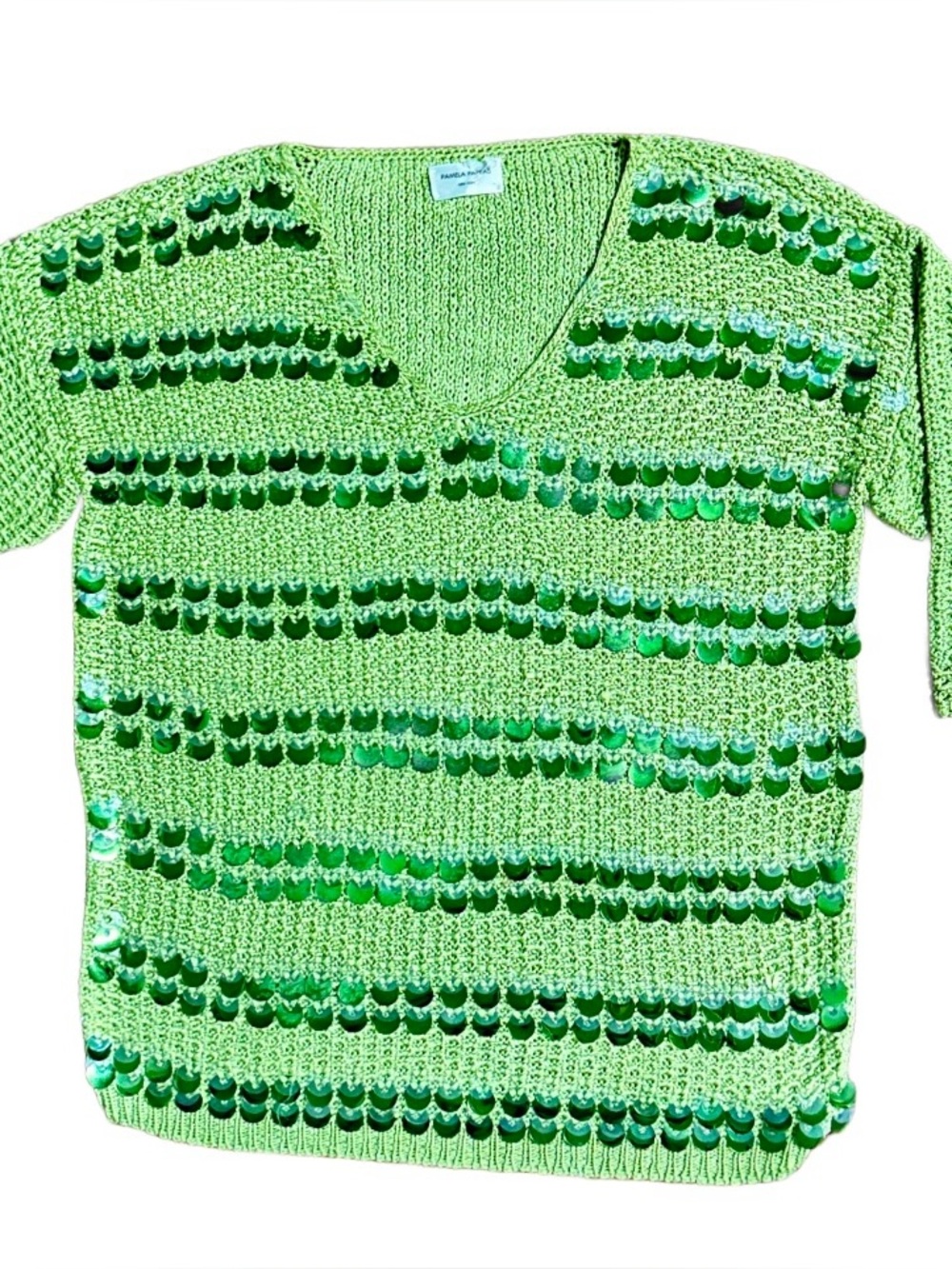 Pamela Pappas ~Vtg.  X-Large Green Fluorescent Metallic Sequin Pullover Sweater